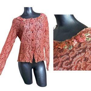 Vintage Y2K 1990s Lace Floral Women's Top Blouse Button Cardigan w Flowers